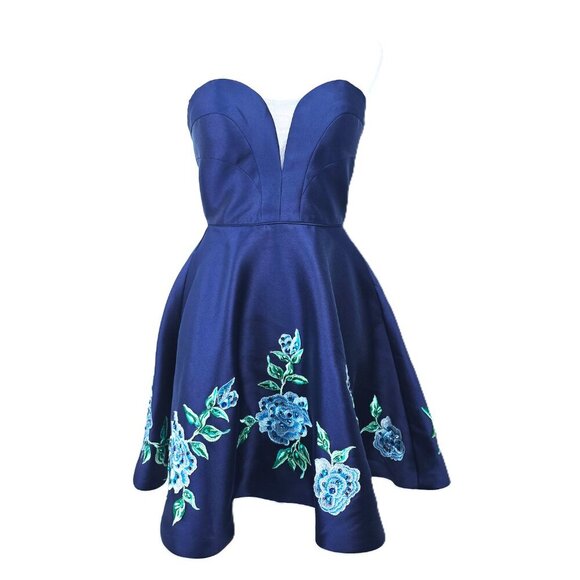 Rachel ALLAN Navy Floral Embroidered Sweetheart Short Dress 4397 - Picture 3 of 13